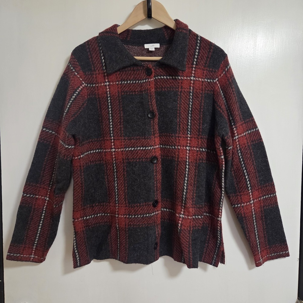 J.Jill Plaid Wool Blend Button Front Jacket Shirt Medium Red Gray Shacket Cozy